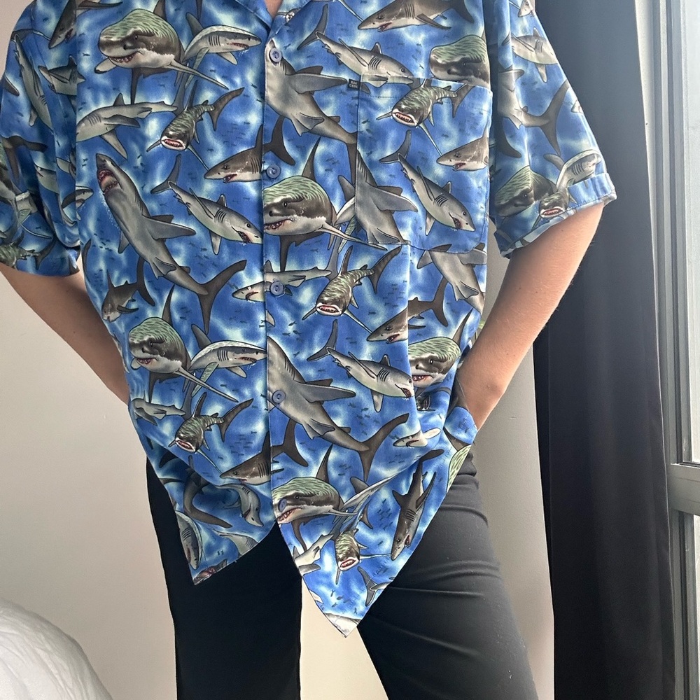 Blue Shark Print Button Down Shirt XL